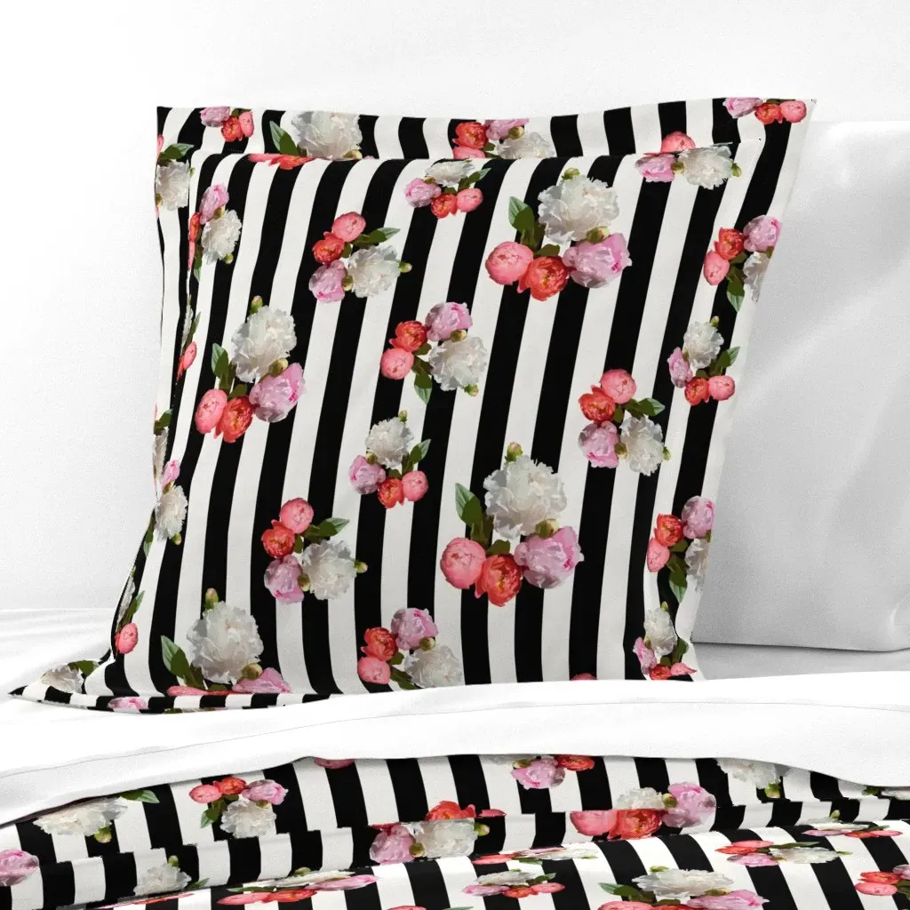 Peonies on Black and White Stripes Euro Pillow Sham - White product