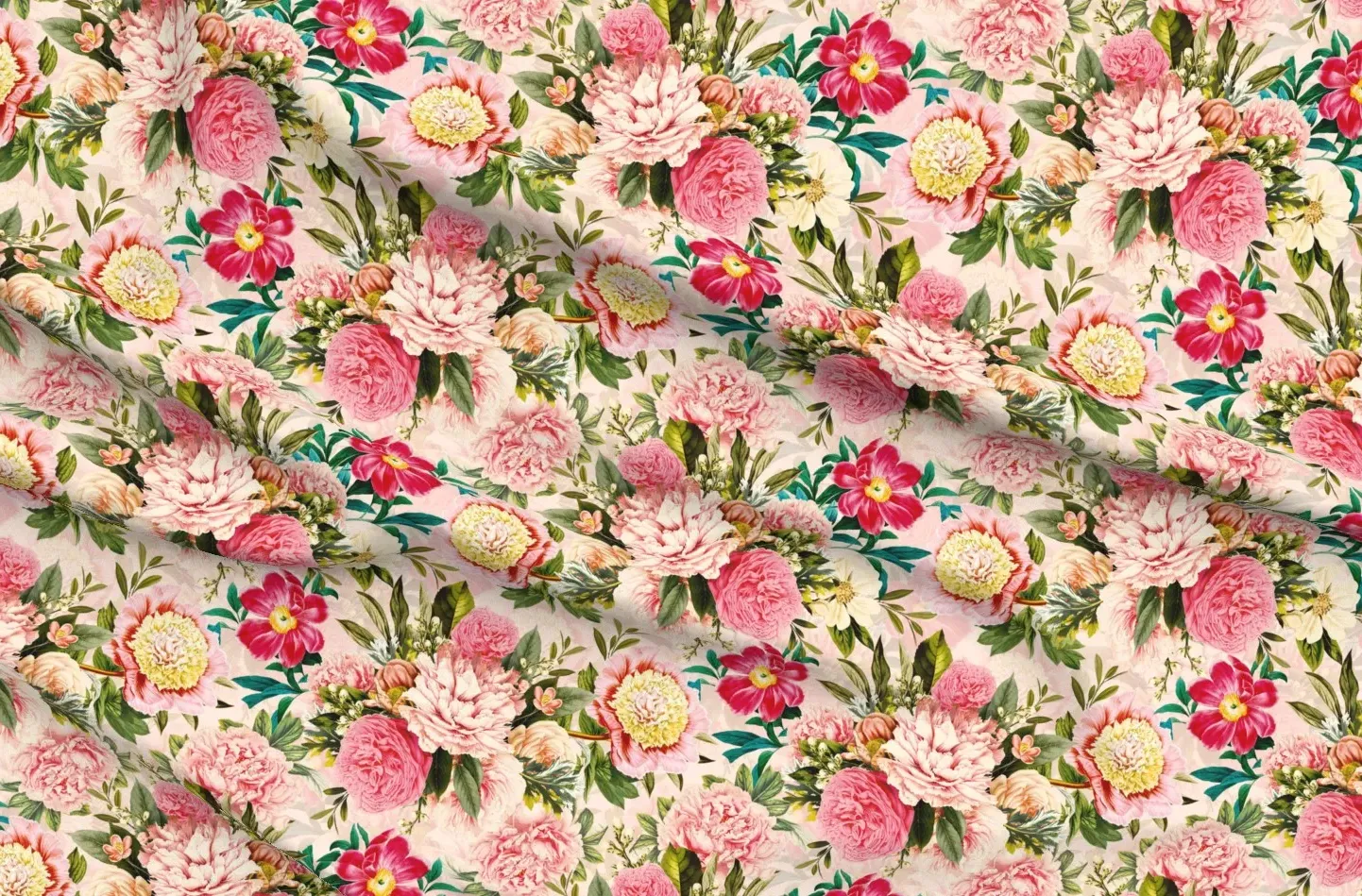 Peonies Roses Garden Floral Print Fabric - Pink product