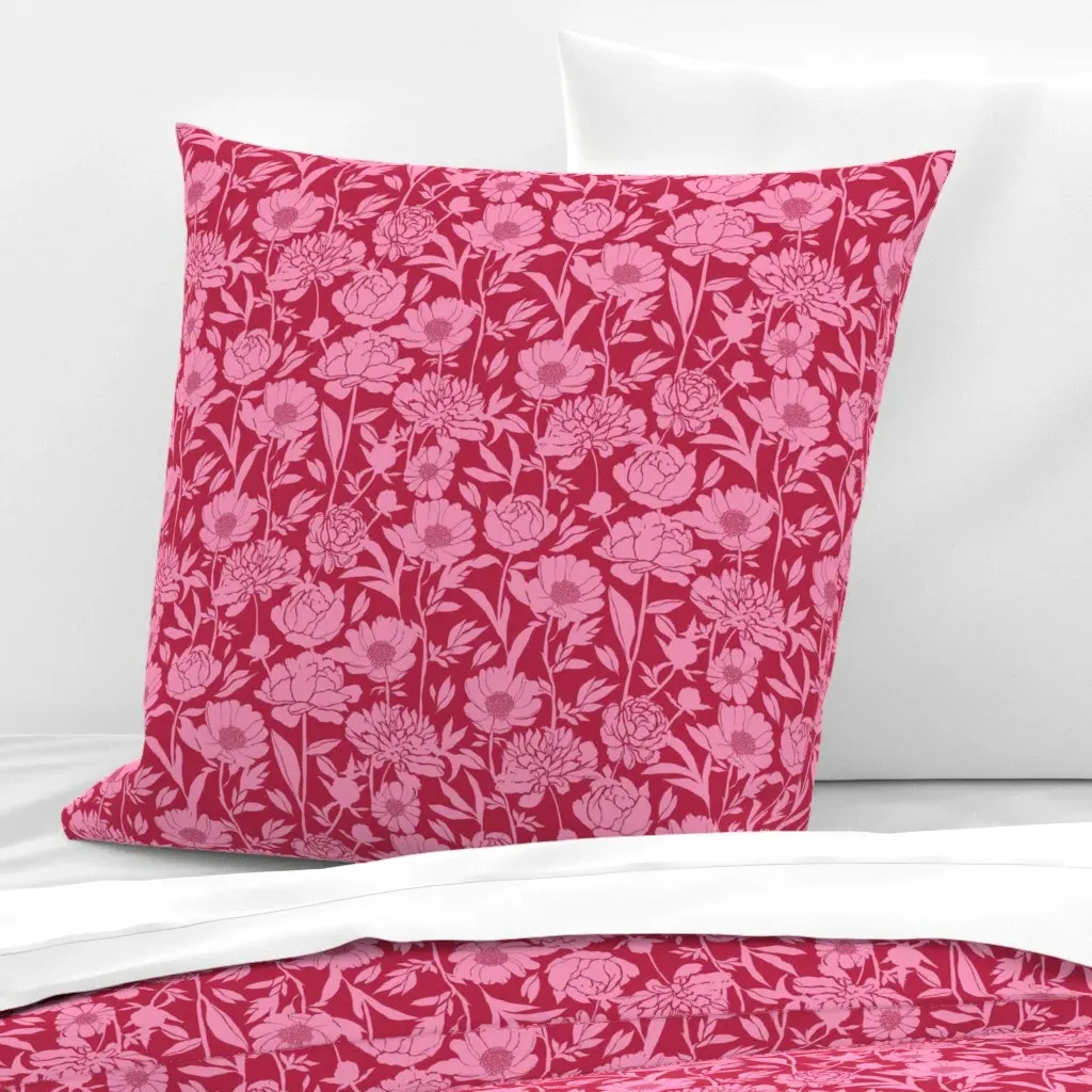 Peonies Silhouette Floral Euro Pillow Sham - Crimson product