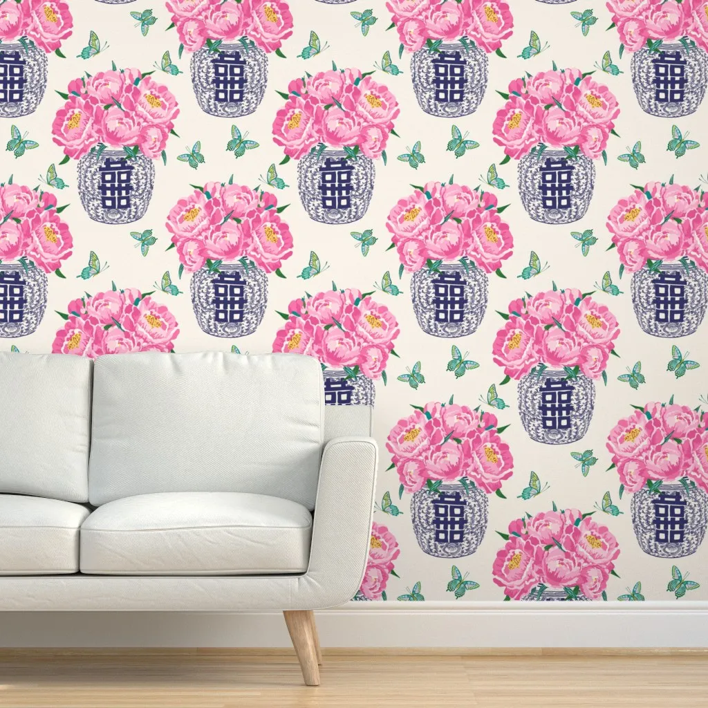 Peony Bouquet In Ginger Jar Peel and Stick Wallpaper - Pink, Cream product