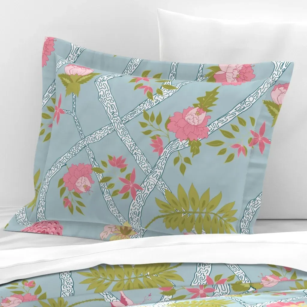 Peony Branch Claudia Blue Standard Flanged Pillowcase - Pink, Cotton Sateen product
