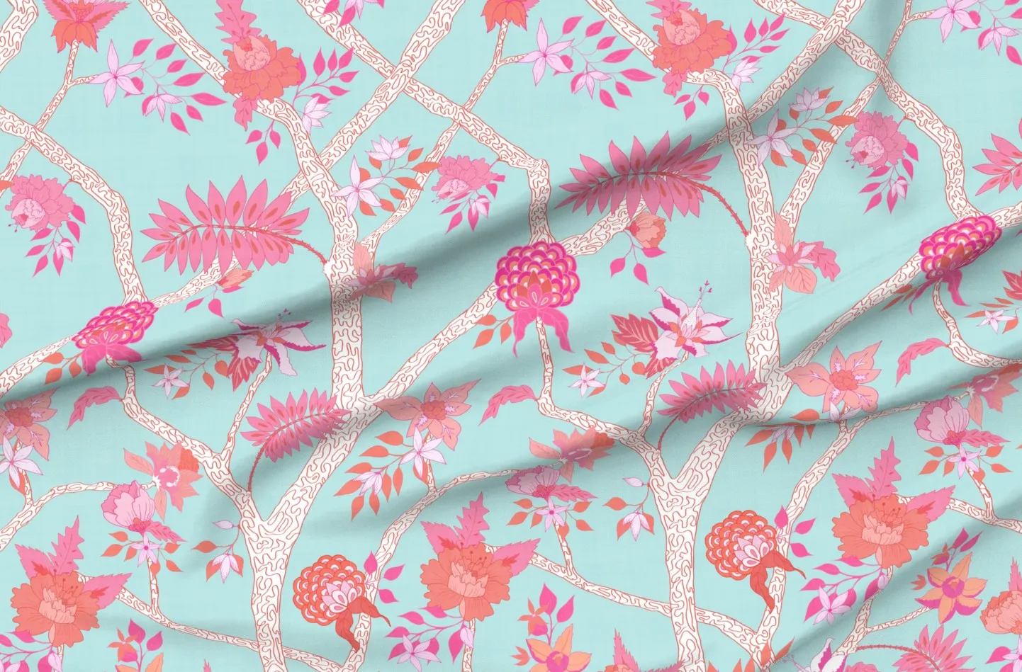 Peony Branch Mural Fabric Yardage - Pink, Aqua product