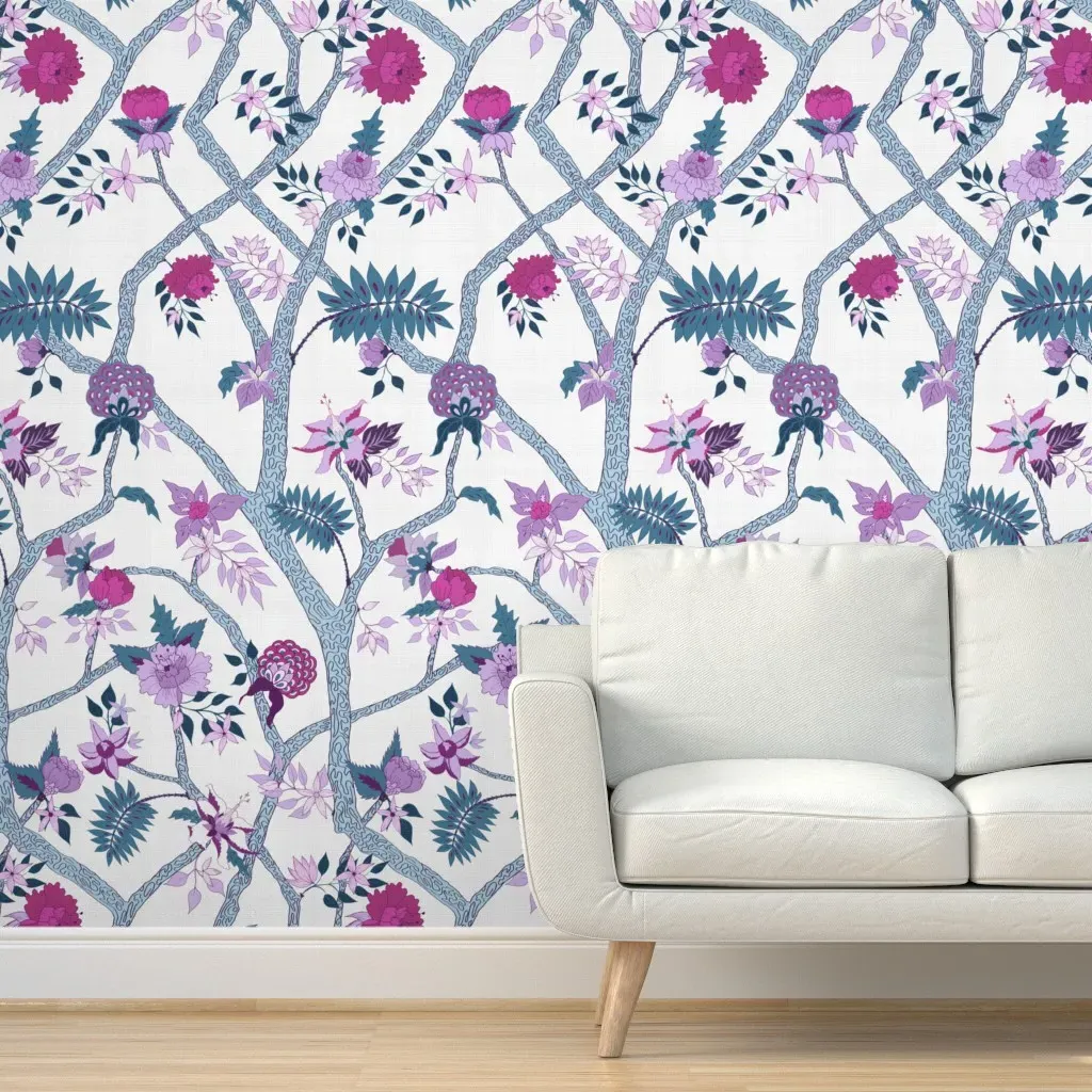 Peony Branch Mural Peel and Stick Wallpaper - Aqua, Magenta product
