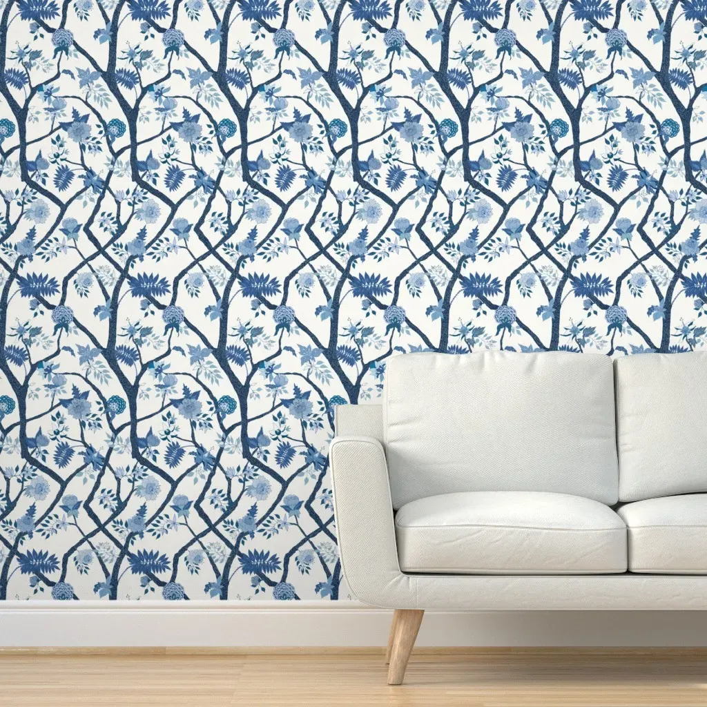 Peony Branch Mural Peel and Stick Wallpaper - Blue, Cream product