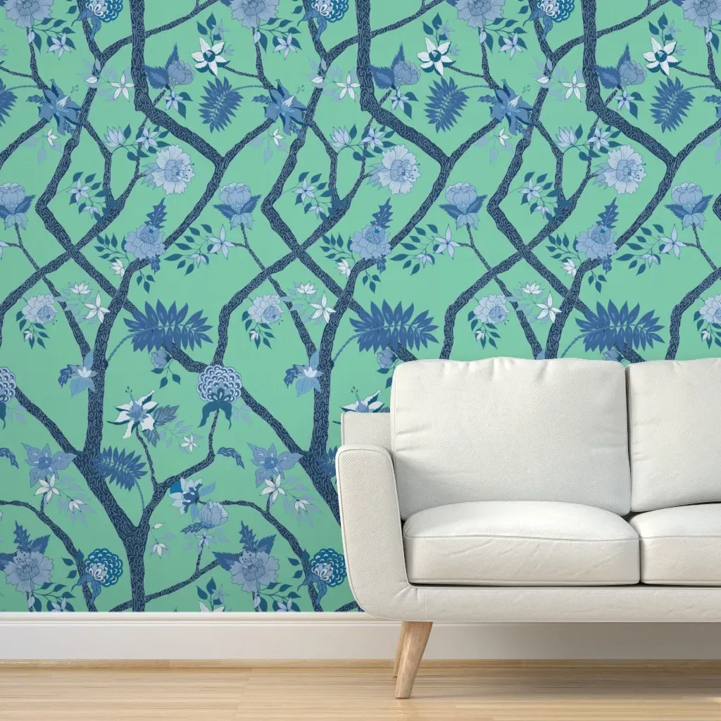 Peony Branch Peel and Stick Wallpaper - Blues on Jade Green product