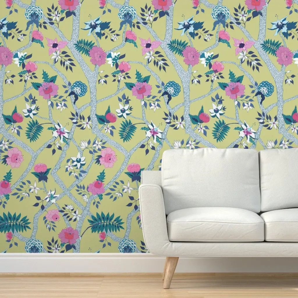 Peony Branch Peel and Stick Wallpaper - Pale Yellow-Green product