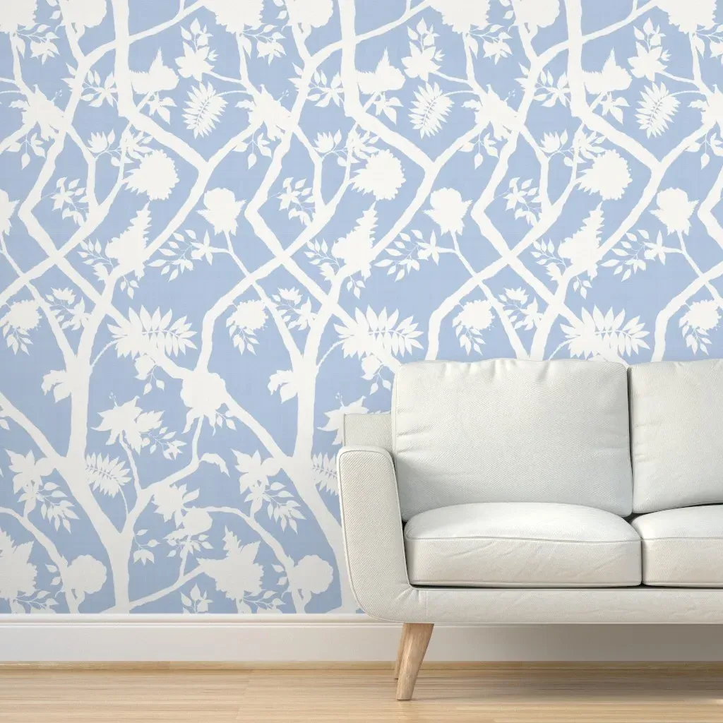 Peony Branch Silhouette Peel and Stick Wallpaper - Cornflower Blue, Cream product