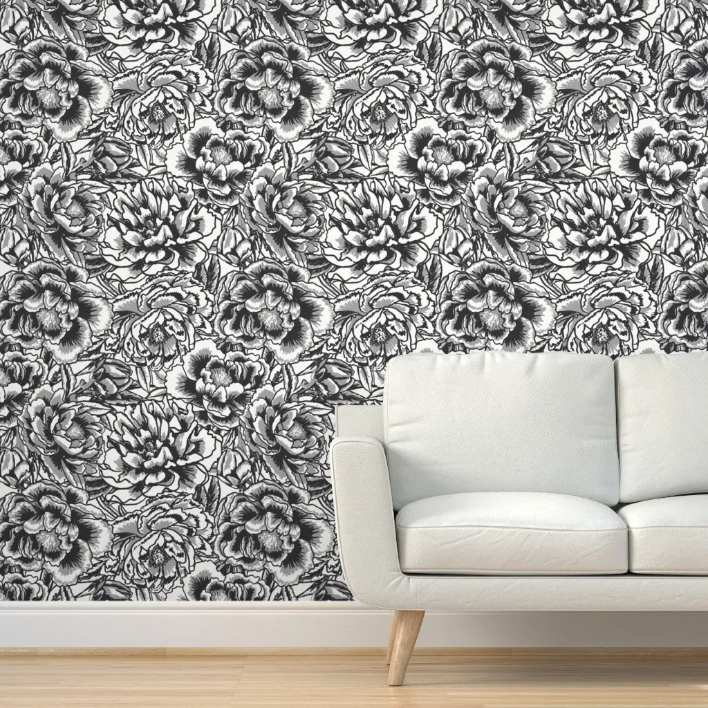 Peony Floral Line Art Peel and Stick Wallpaper - Dark Gray product