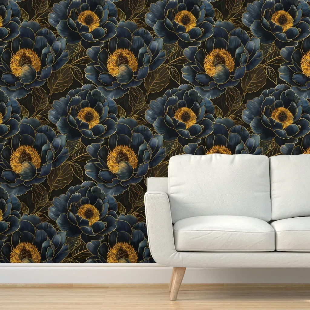 Peony Floral Seamless Peel and Stick Wallpaper - Dark Blue product