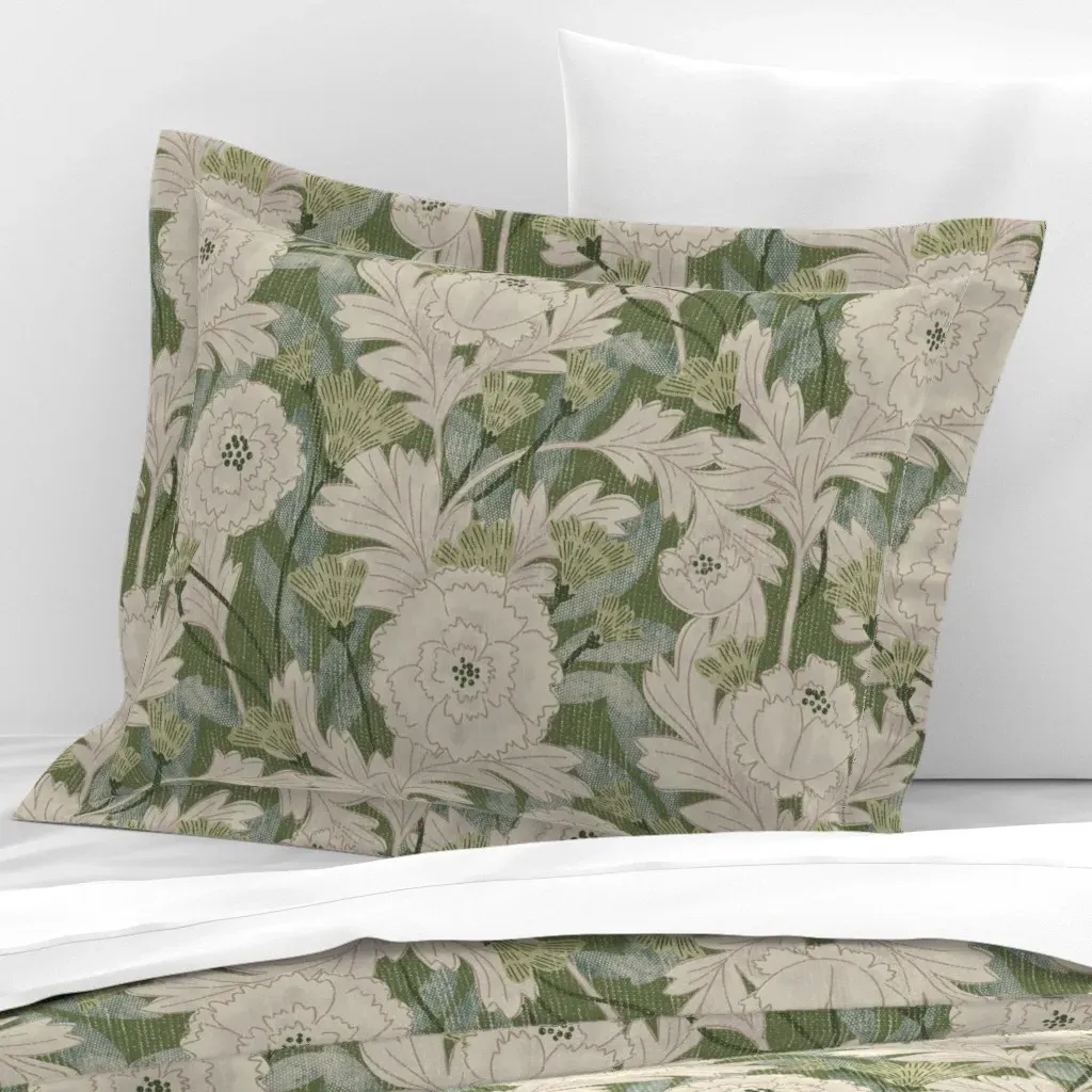 Peony Wildflower Standard Flanged Cushion Cover - Sage Green, Cotton product