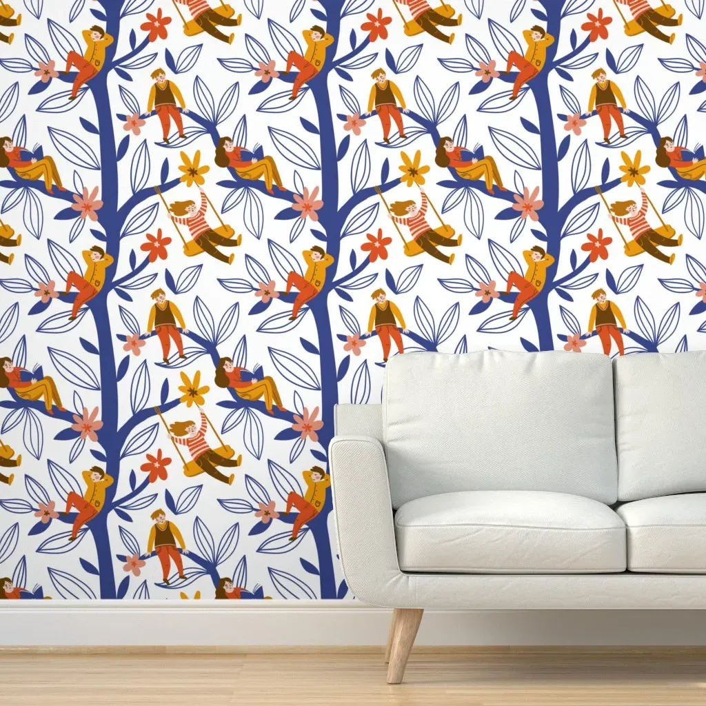 People and Flowers Peel and Stick Wallpaper - Blue product
