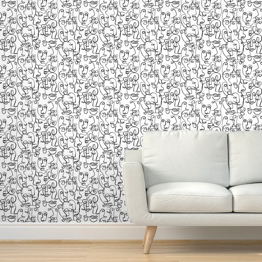 People Faces Line Drawing Peel and Stick Wallpaper - Black product