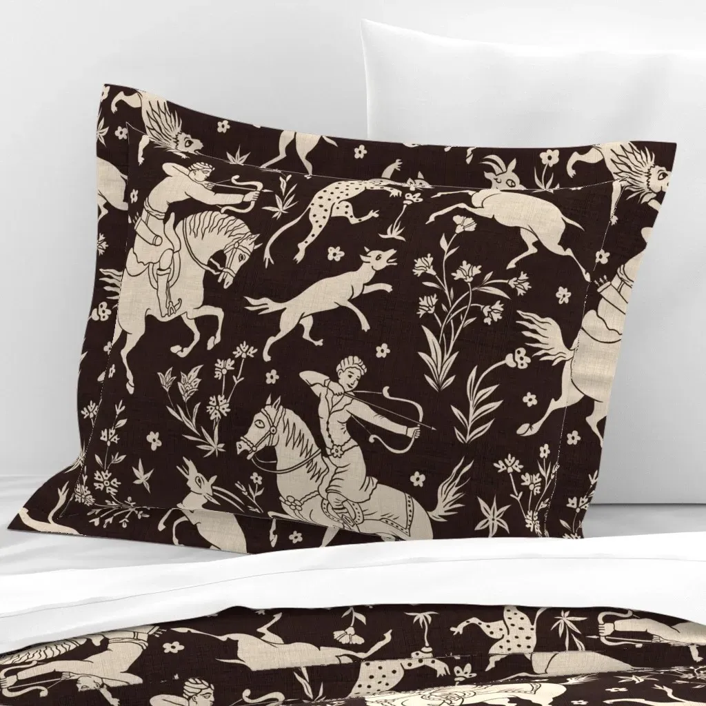 Persian Hunting Scene Flanged Cushion Cover - Beige, Cotton Sateen product