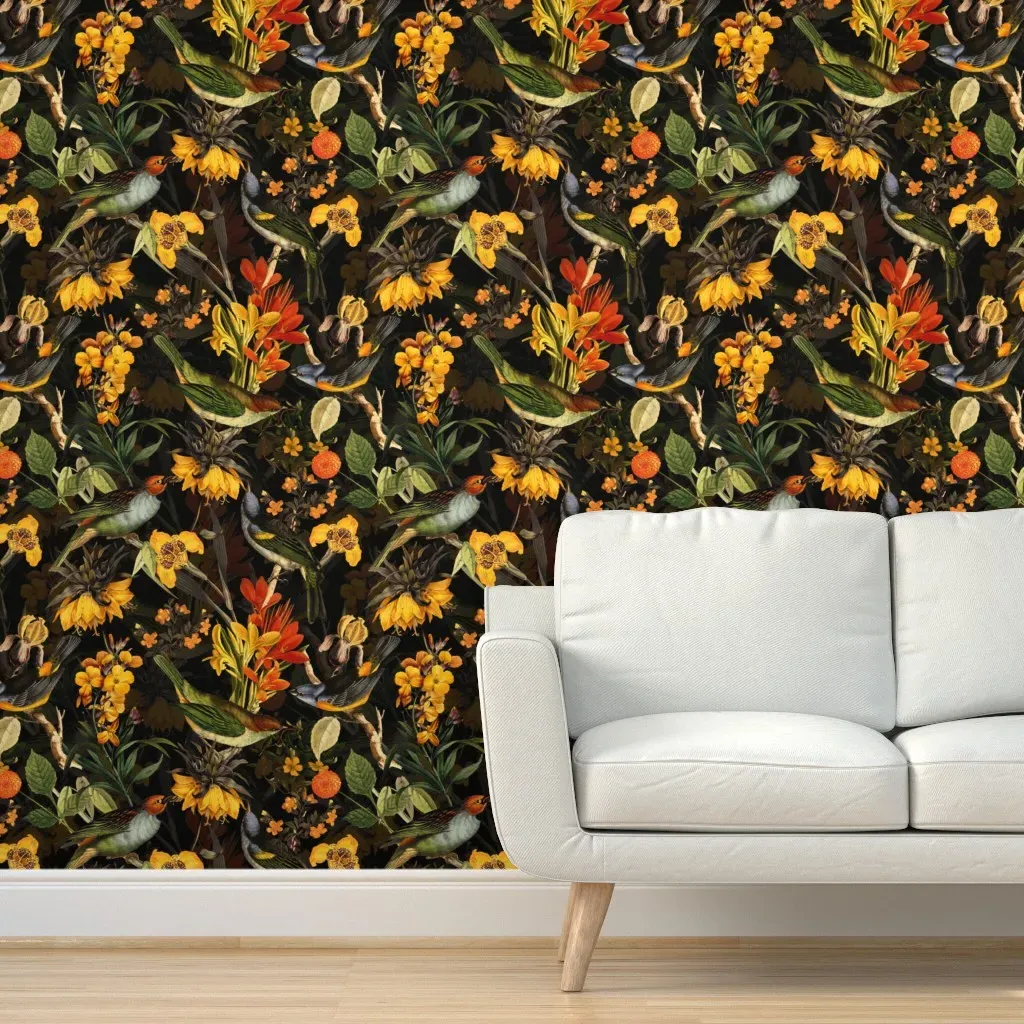 Pierre Joseph Redouté Antique Birds And Flowers Peel and Stick Wallpaper - Yellow product