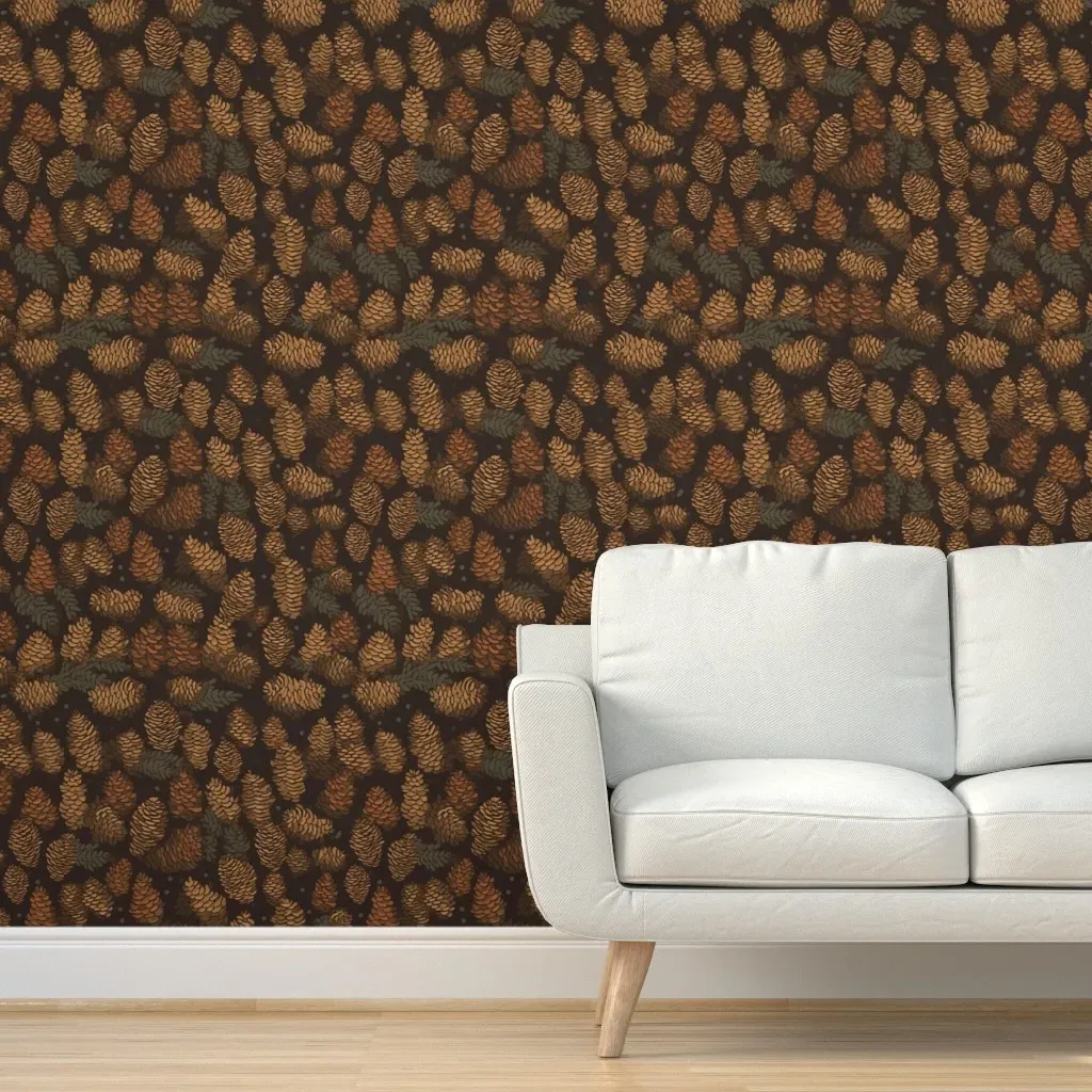 Pine Cones Peel and Stick Wallpaper - Brown, Gold, Green on Black product
