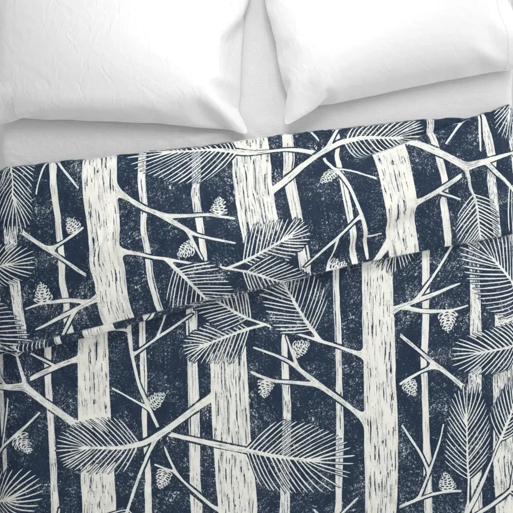 Pine Forest Natural and Navy Duvet Cover - White alternate view