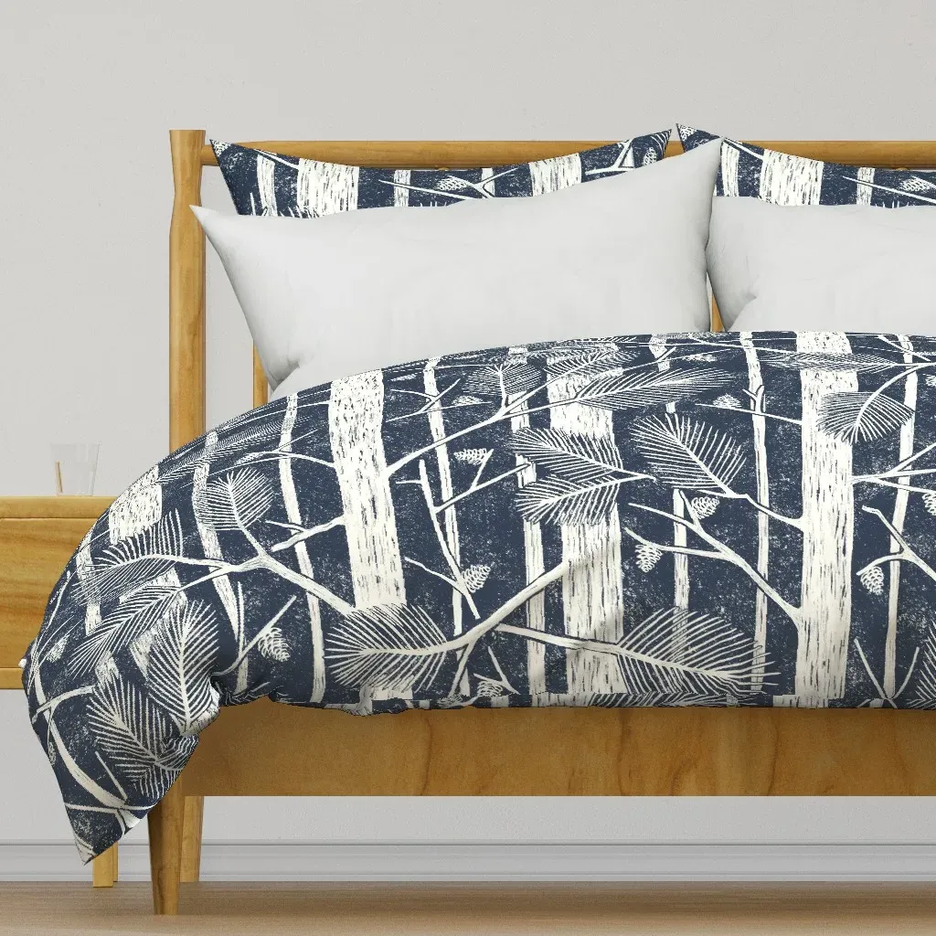 Pine Forest Natural and Navy Duvet Cover - White product