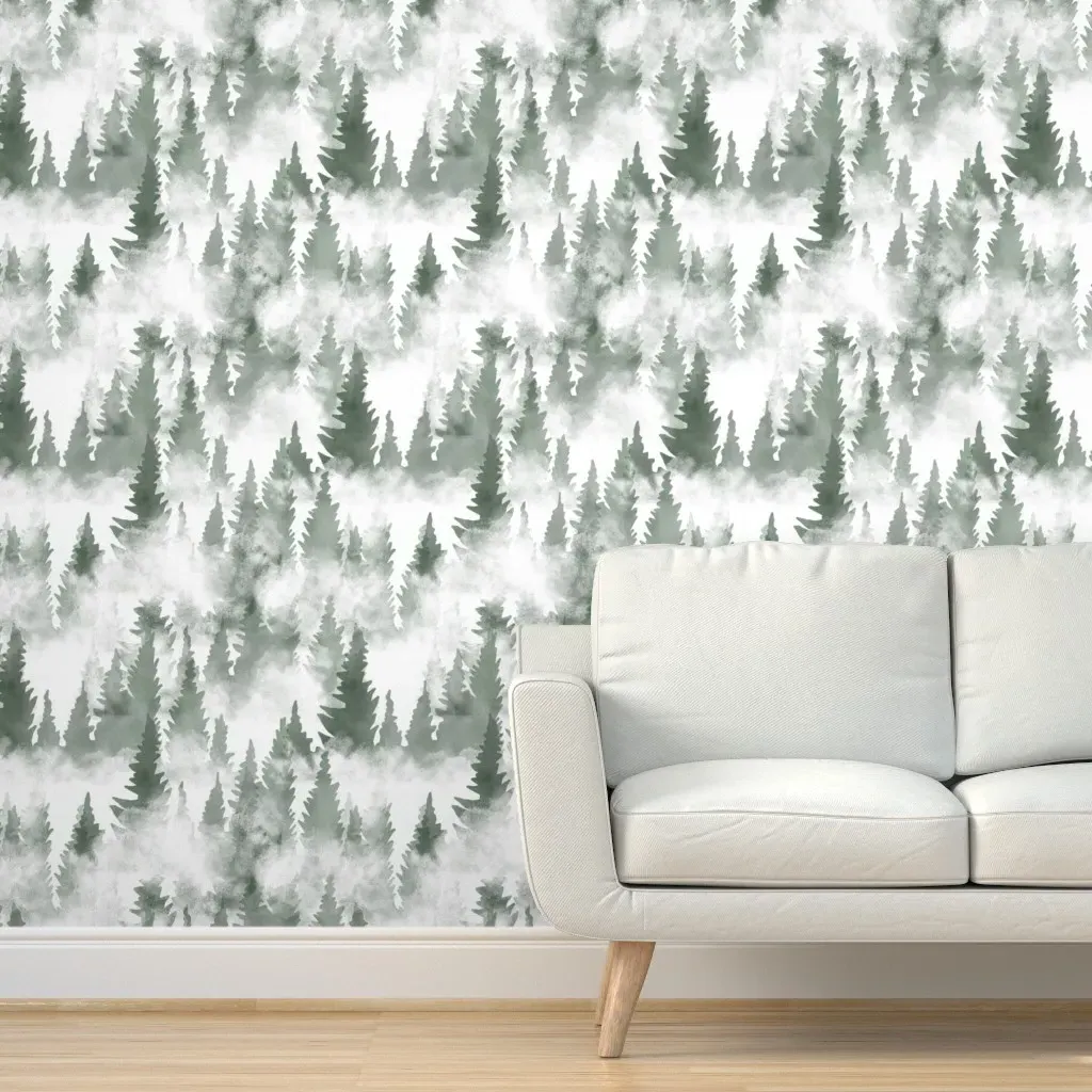 Pine Tree Forest Fog Landscape Peel and Stick Wallpaper - Sage Green product