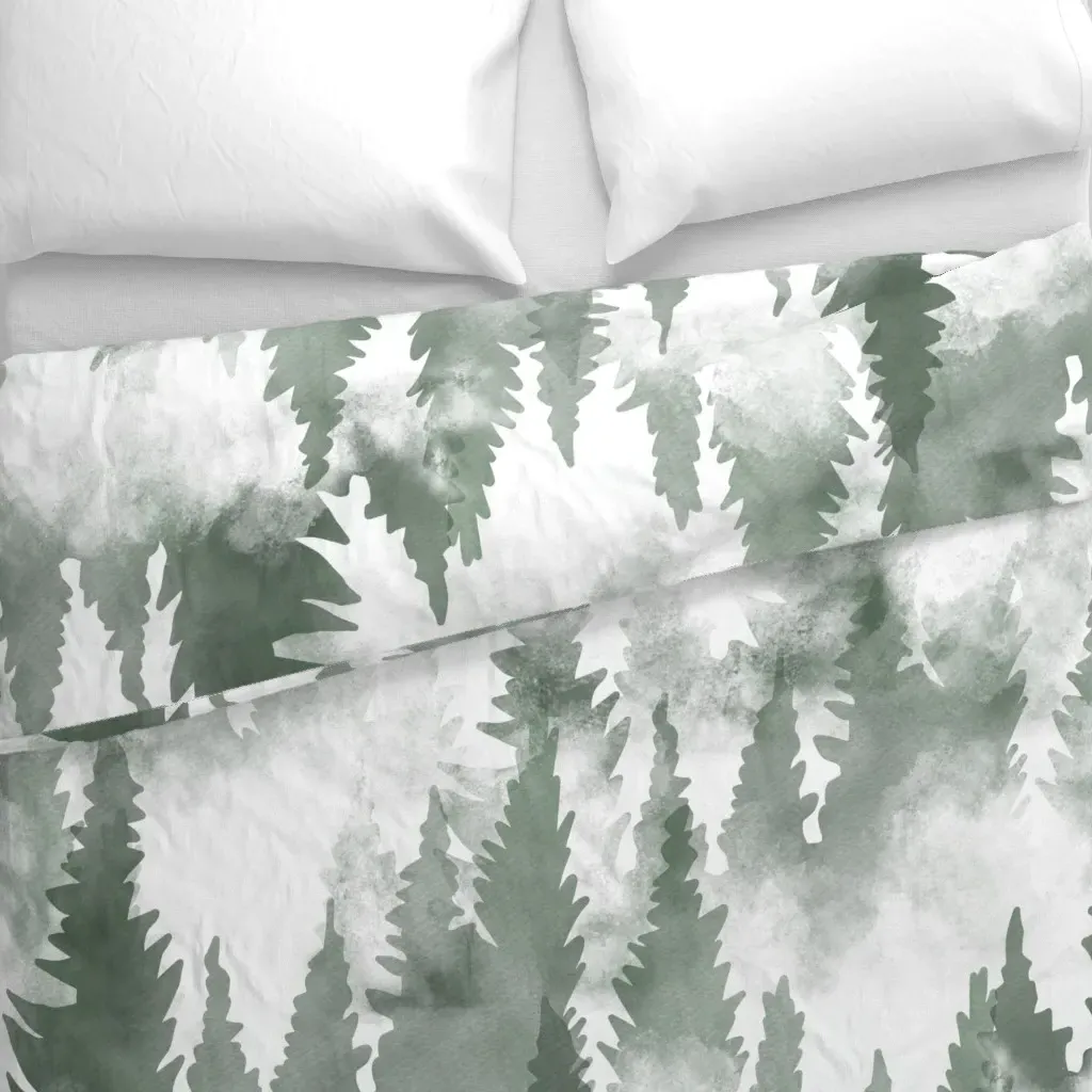 Pine Tree Forest In The Fog Duvet Cover - Sage Green alternate view