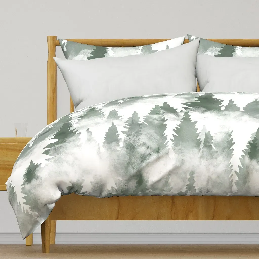Pine Tree Forest In The Fog Duvet Cover - Sage Green product