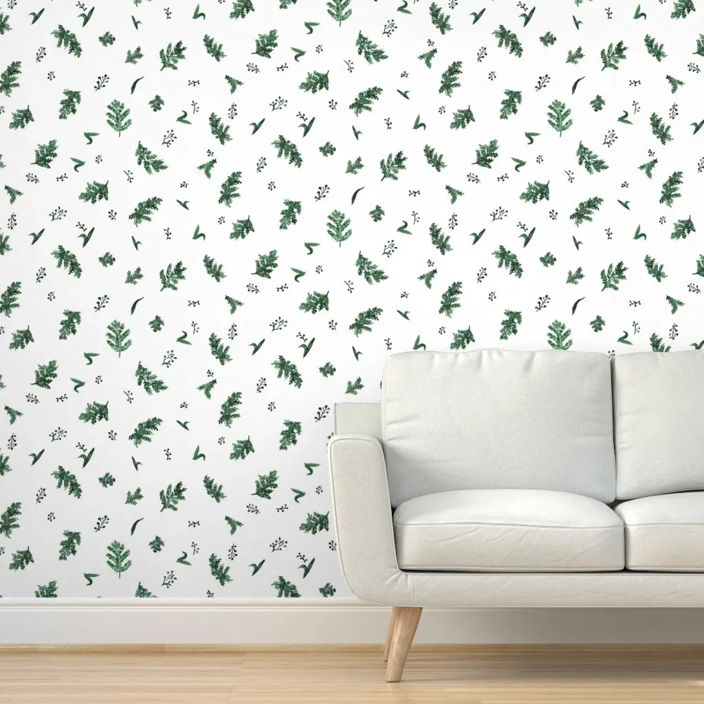 Pine Tree Twigs Leaves Berries Peel and Stick Wallpaper - Dark Green, White product