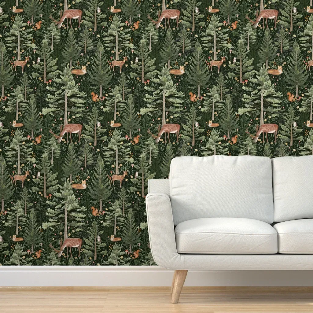 Pine Trees Deer Fox Owl Peel and Stick Wallpaper - Dark Green product