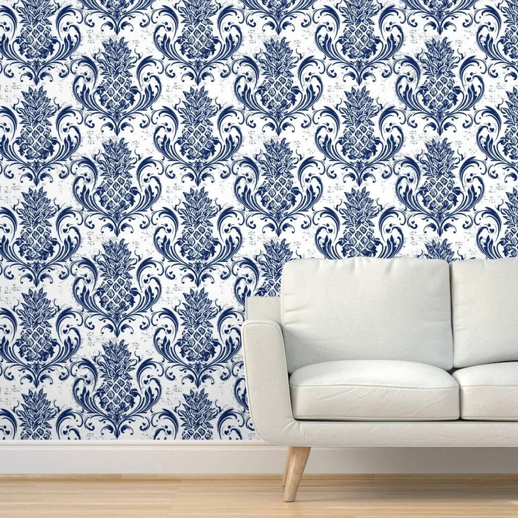 Pineapple Damask Peel and Stick Wallpaper - Navy Blue, White product