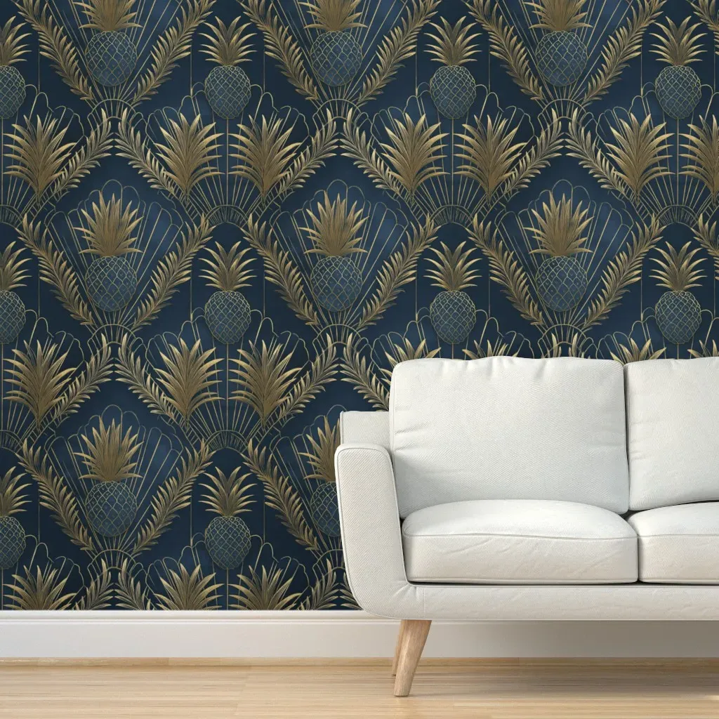 Pineapple Navy Deco Scallop Shell Palm Frond Peel and Stick Wallpaper - Gold product