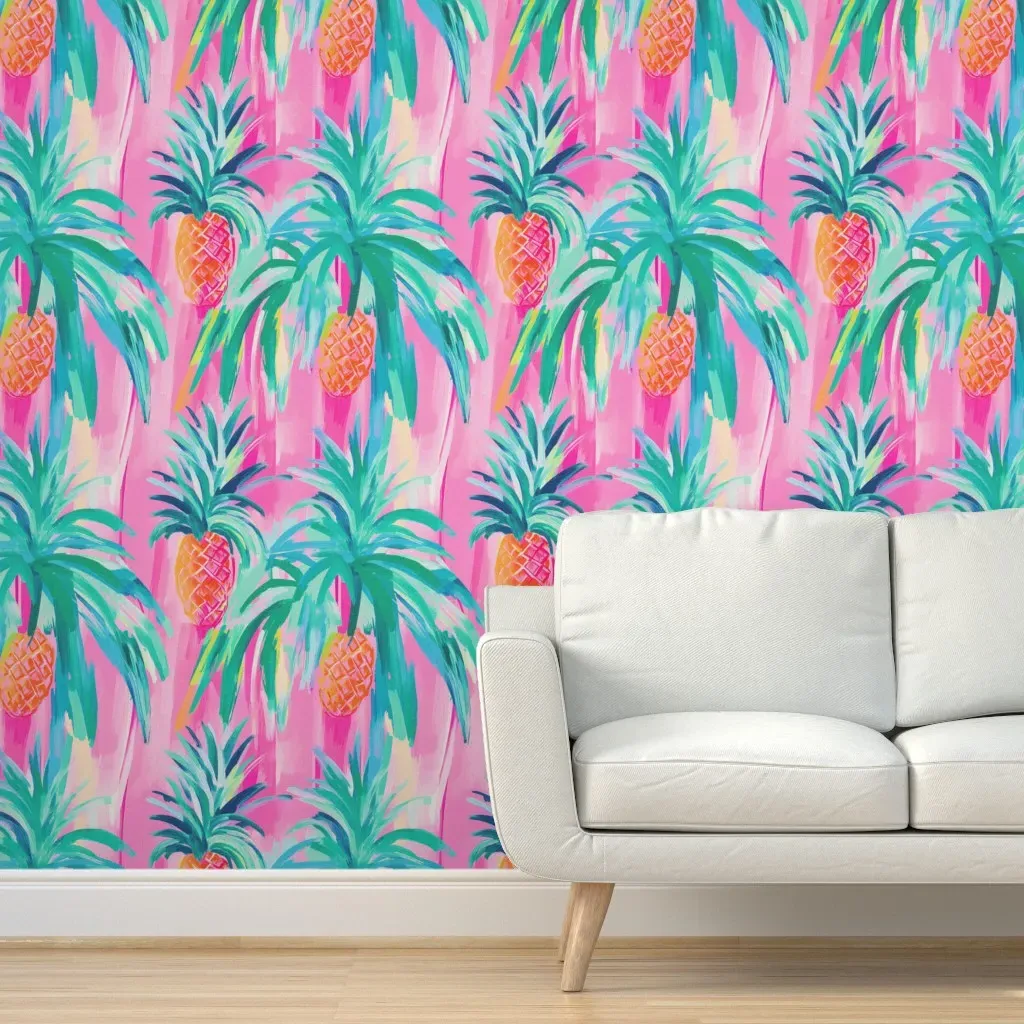 Pineapple & Palm Print Peel and Stick Wallpaper - Pink product