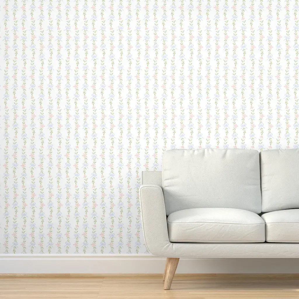 Pink & Blue Bow Floral Ditsy Stripe Peel and Stick Wallpaper - Light Blue product