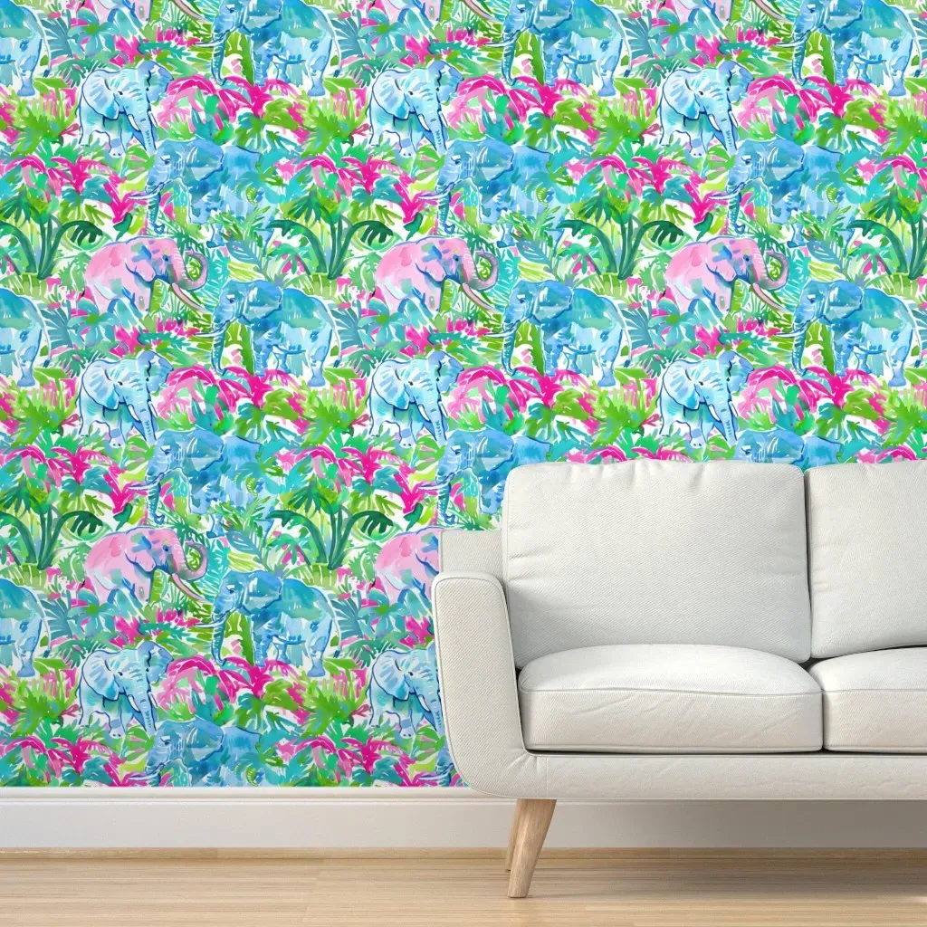 Pink Elephant Jungle Peel and Stick Wallpaper - Aqua product