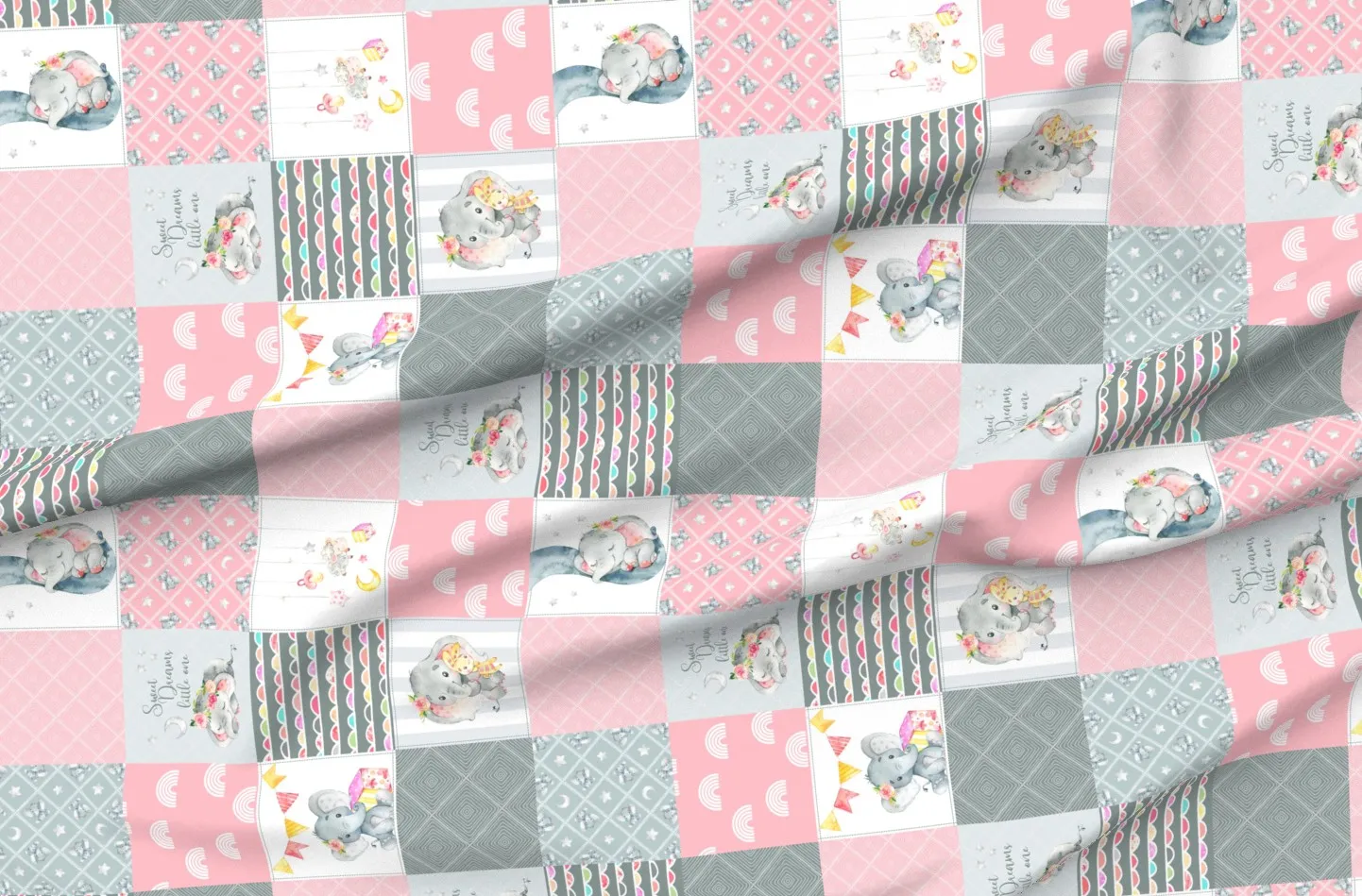 Pink Elephant Patchwork Cheater Quilt Blocks Fabric - Pink, Sport Pique product