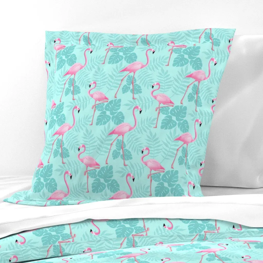 Pink Flamingo Monstera Euro Pillow Sham - Light Blue product