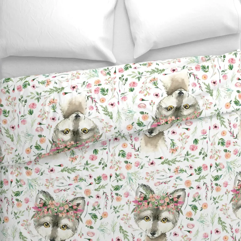 Pink Floral Baby Wolf Duvet Cover - Gray alternate view