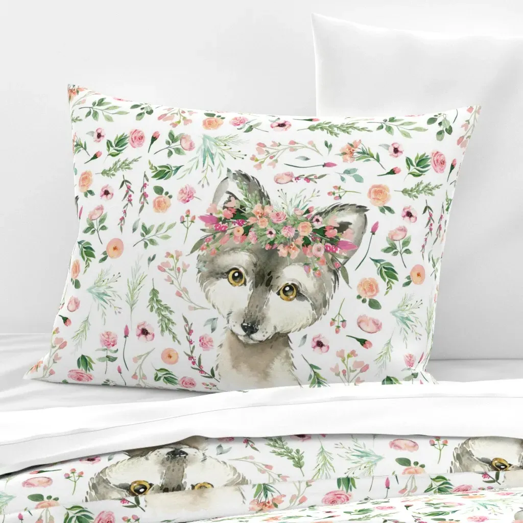 Pink Floral Baby Wolf Patch Standard Knife Edge Cushion Cover - Gray, Cotton Sateen product