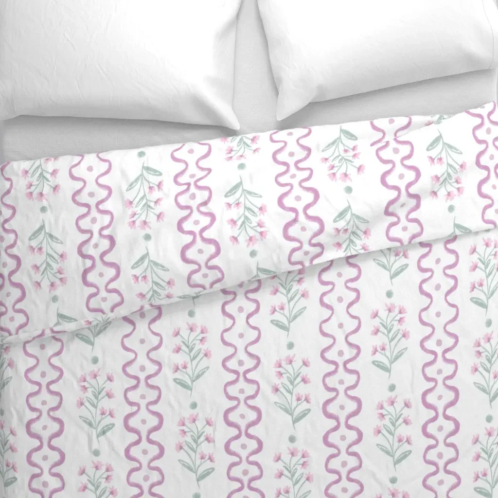 Pink Floral Stripes on Blush Duvet Cover - Pink alternate view