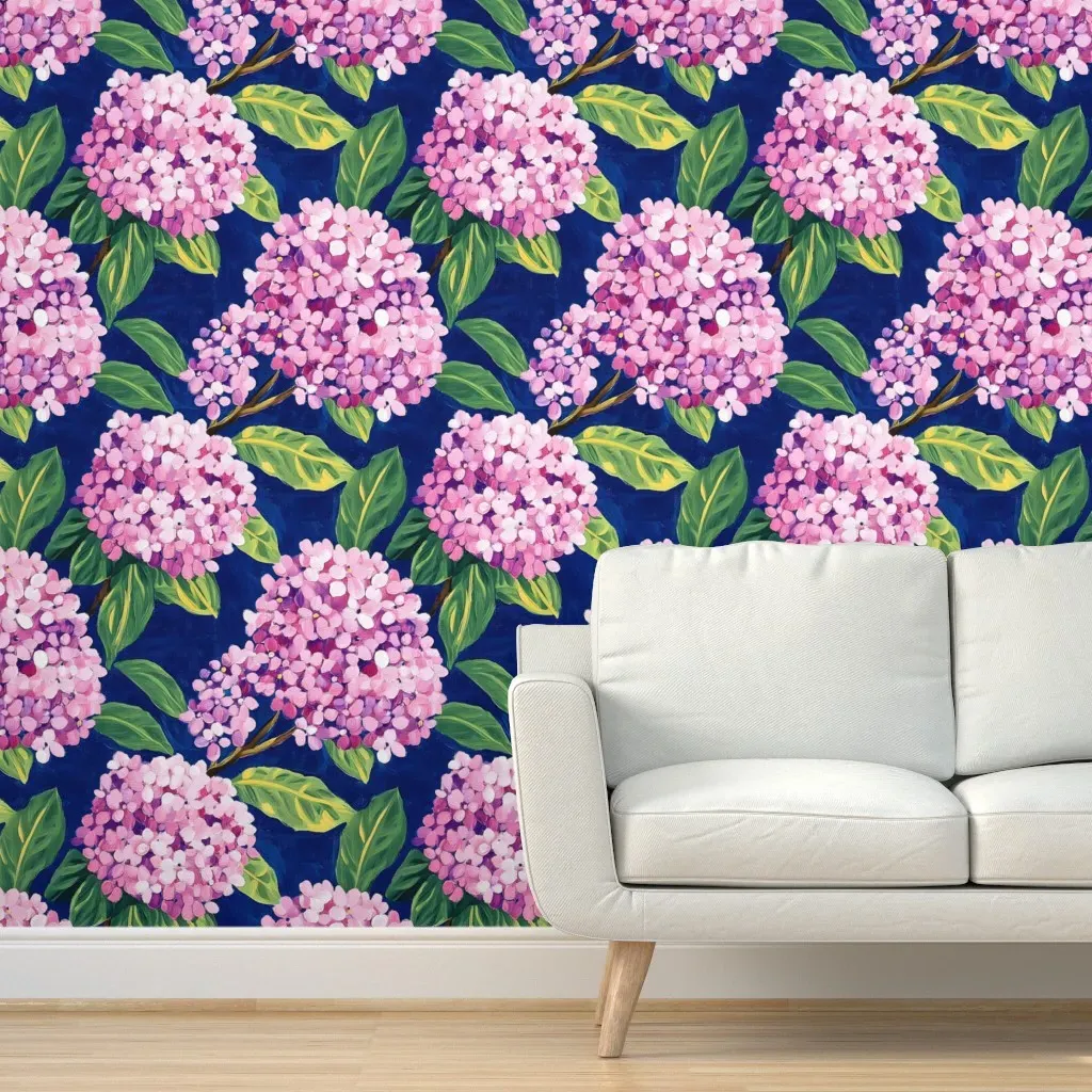Pink Hydrangea Branches Peel and Stick Wallpaper - Pink, Purple product