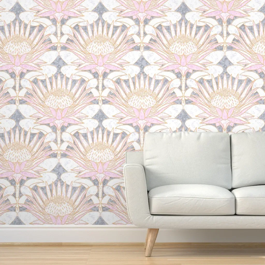 Pink King Protea Art Deco Peel and Stick Wallpaper - Pink, Silver product