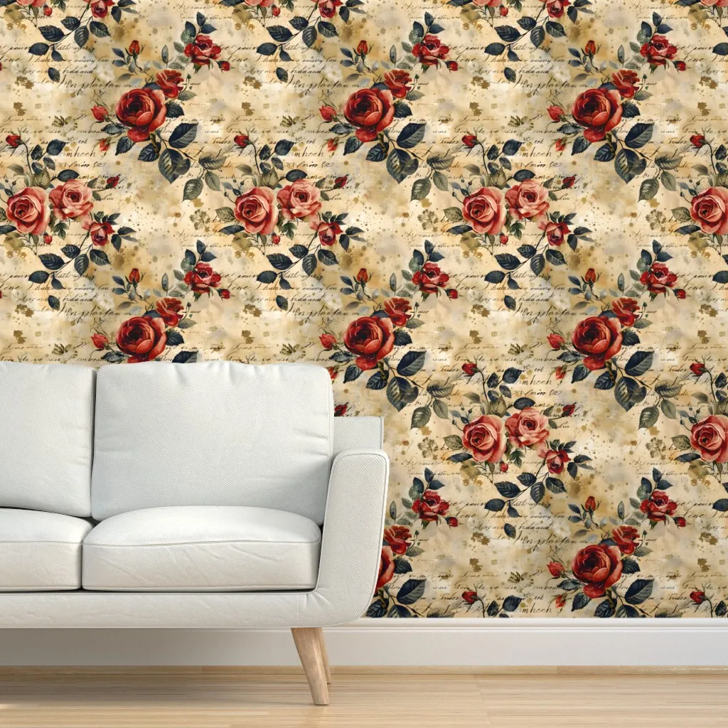 Pink & Red Roses On Love Notes Peel and Stick Wallpaper - Burgundy Red product