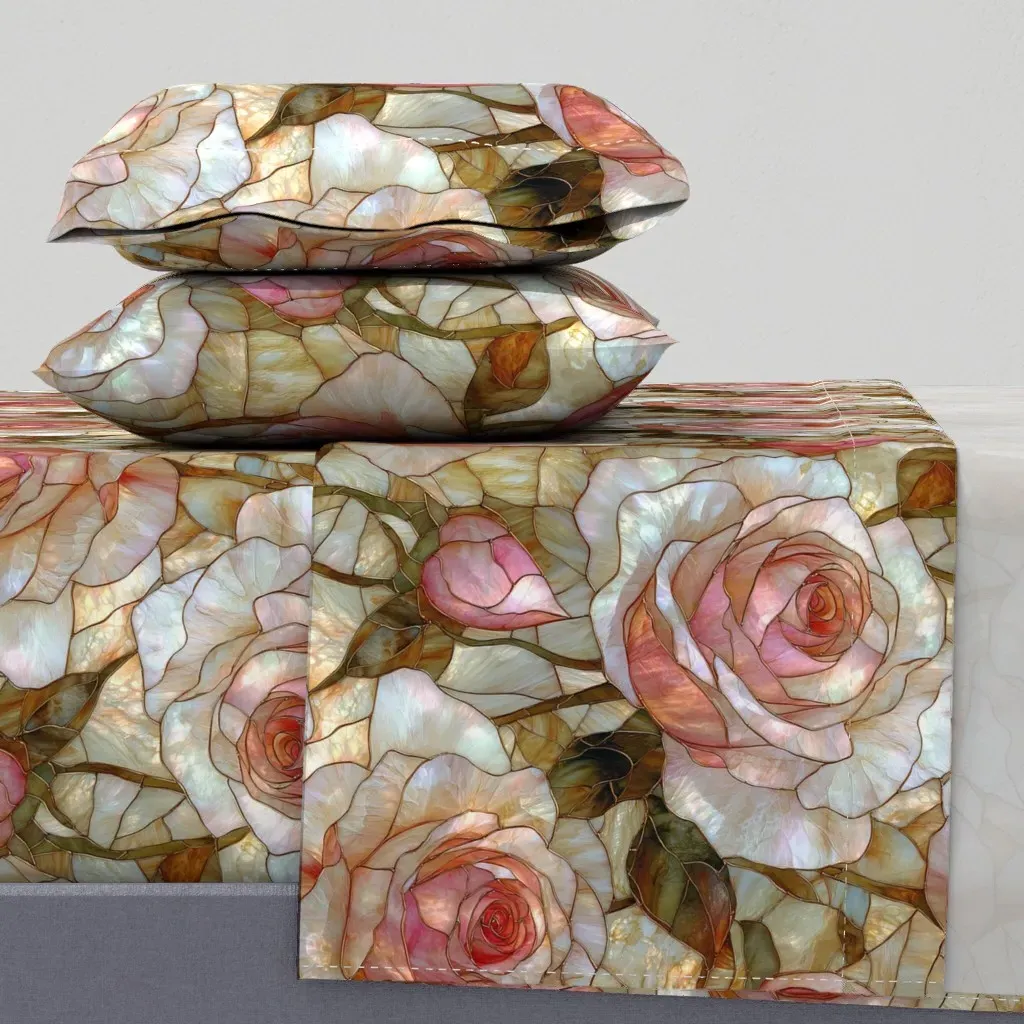 Pink Roses Stained Glass King Sheet Set - Cream product