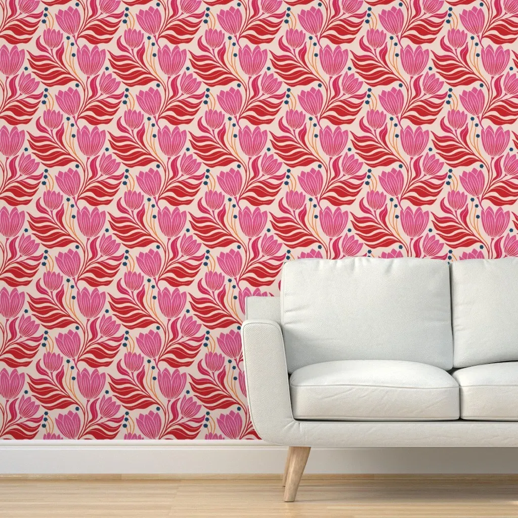 Pink Tulips Peel and Stick Wallpaper - Crimson Red product