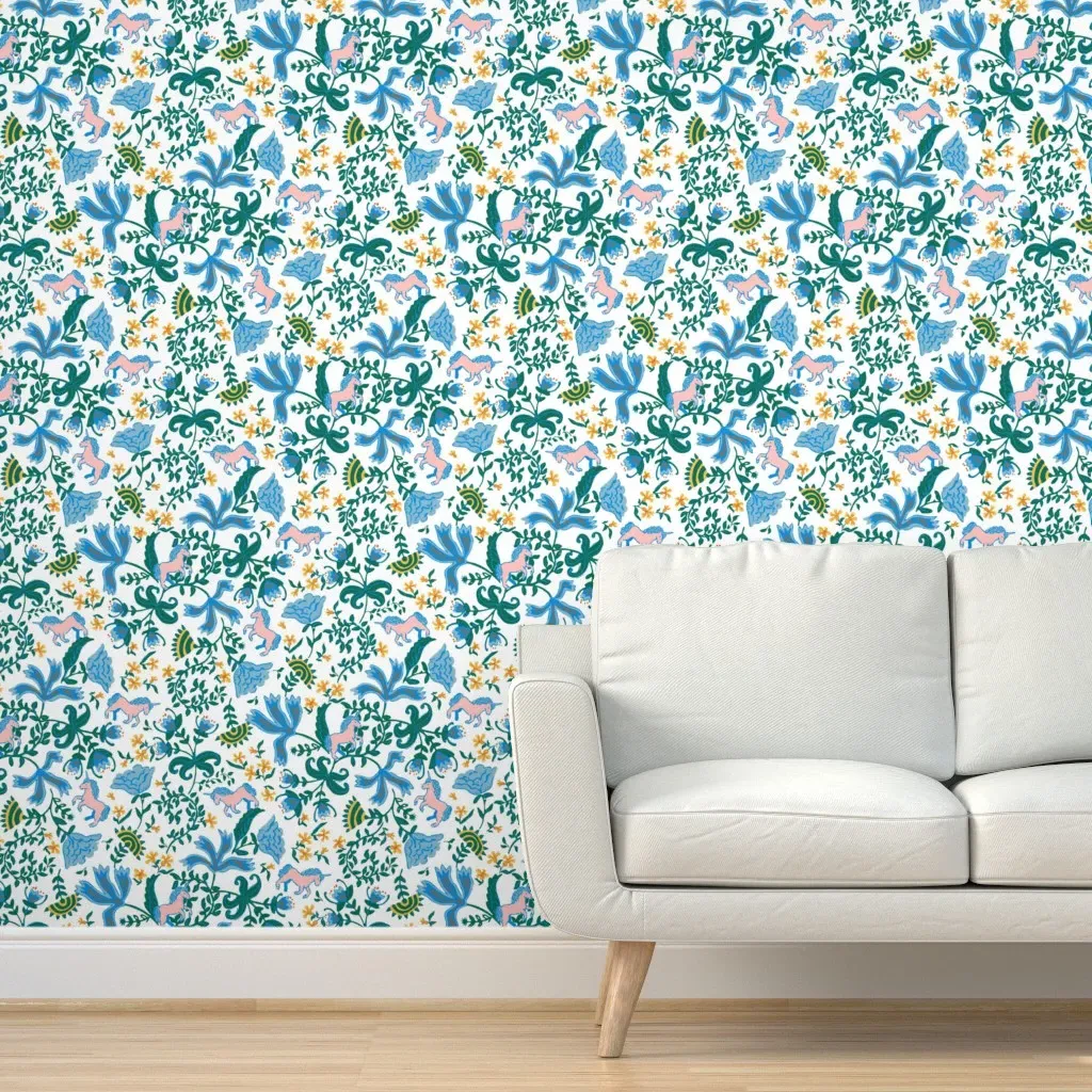 Pink Unicorn Blue Indian Floral Peel and Stick Wallpaper - Teal product