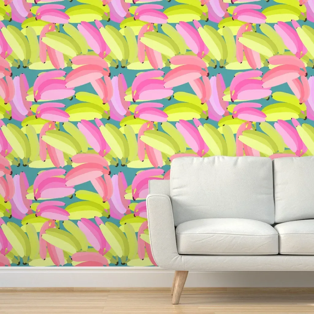 Pink & Yellow Bananas on Green Peel and Stick Wallpaper - Pink product