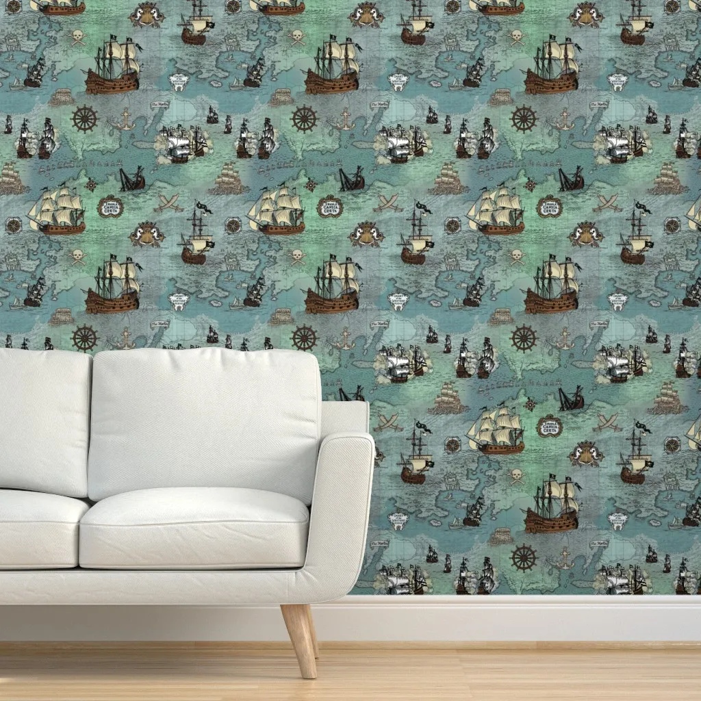 Pirate Ships Map Peel and Stick Wallpaper - Blue product