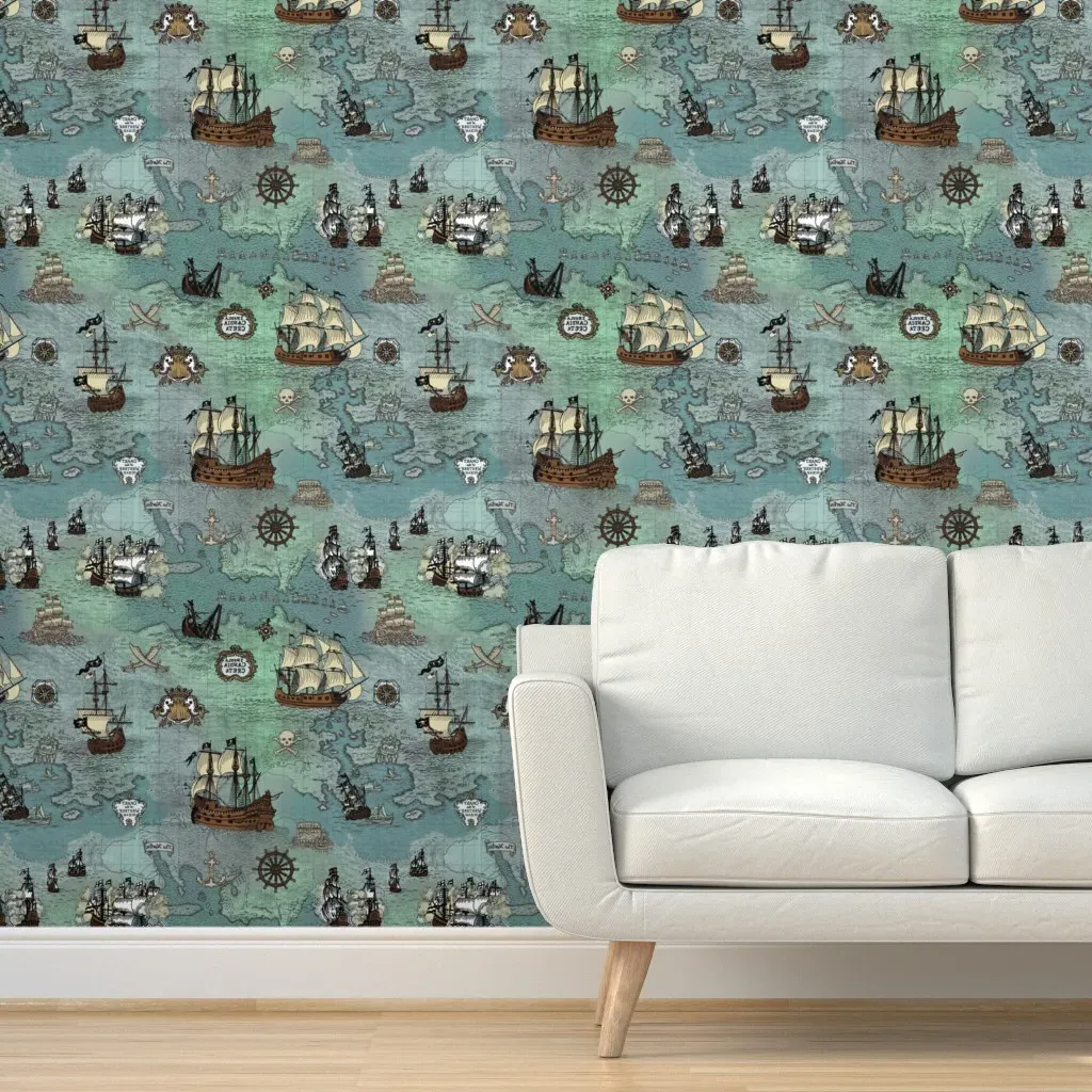 Pirate Ships Nautical Map Peel and Stick Wallpaper - Teal product