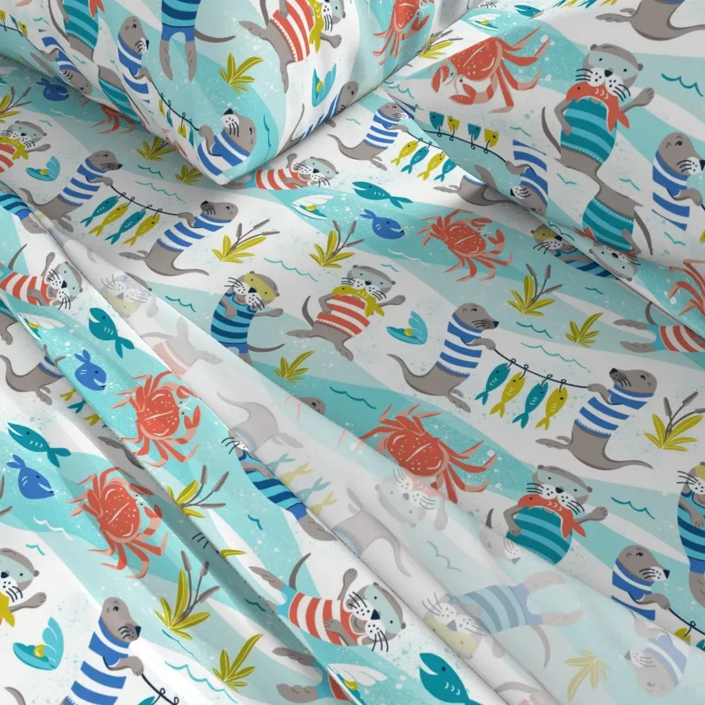 Playful Sea Otters Nautical Coastal Queen Sheet Set - Light Blue alternate view