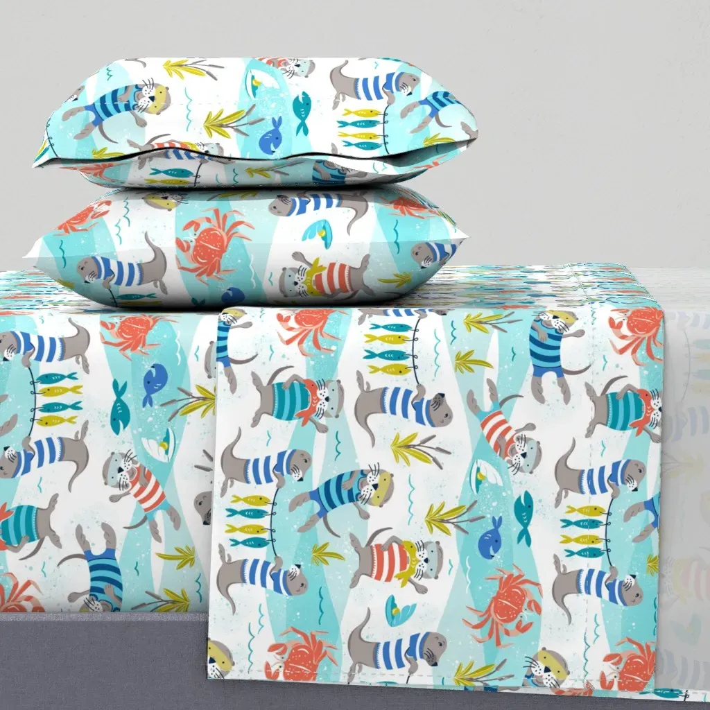 Playful Sea Otters Nautical Coastal Queen Sheet Set - Light Blue product