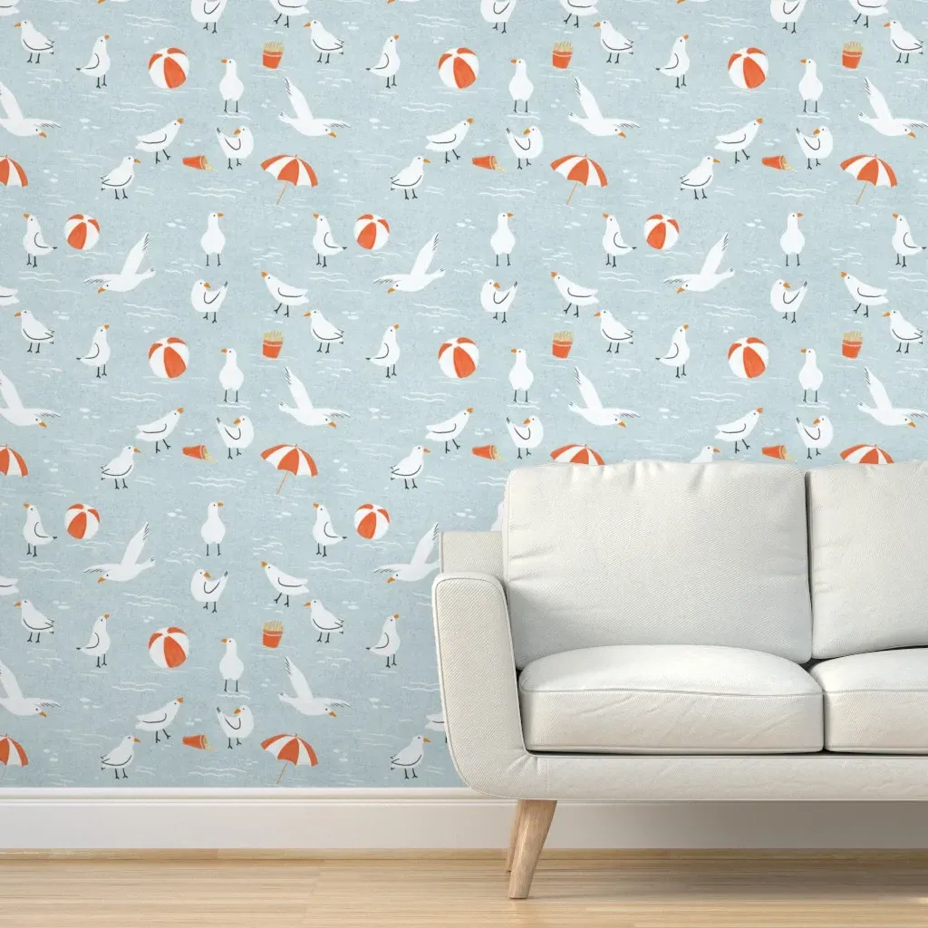 Playful Seagull Beach Peel and Stick Wallpaper - Blue, Orange, White product