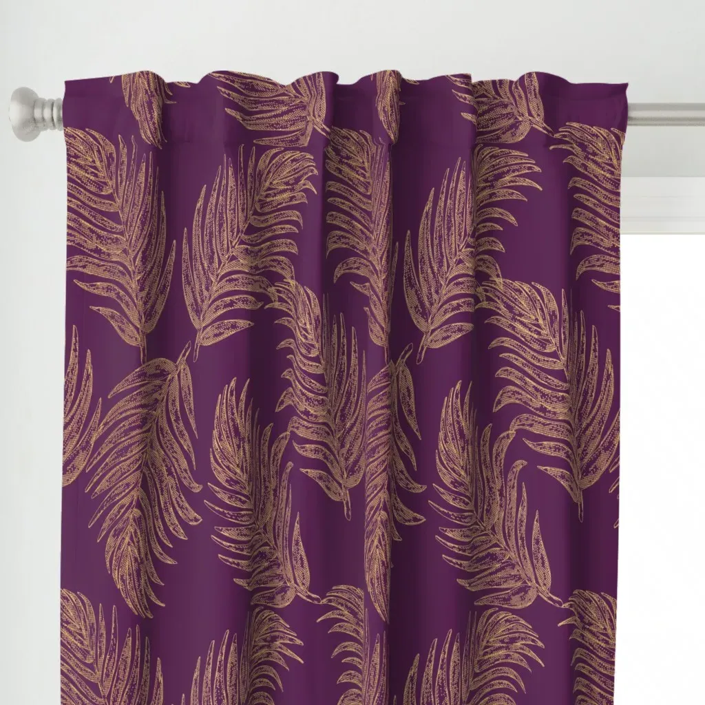 Plum & Gold Monstera Leaf Curtain Panel - Gold alternate view