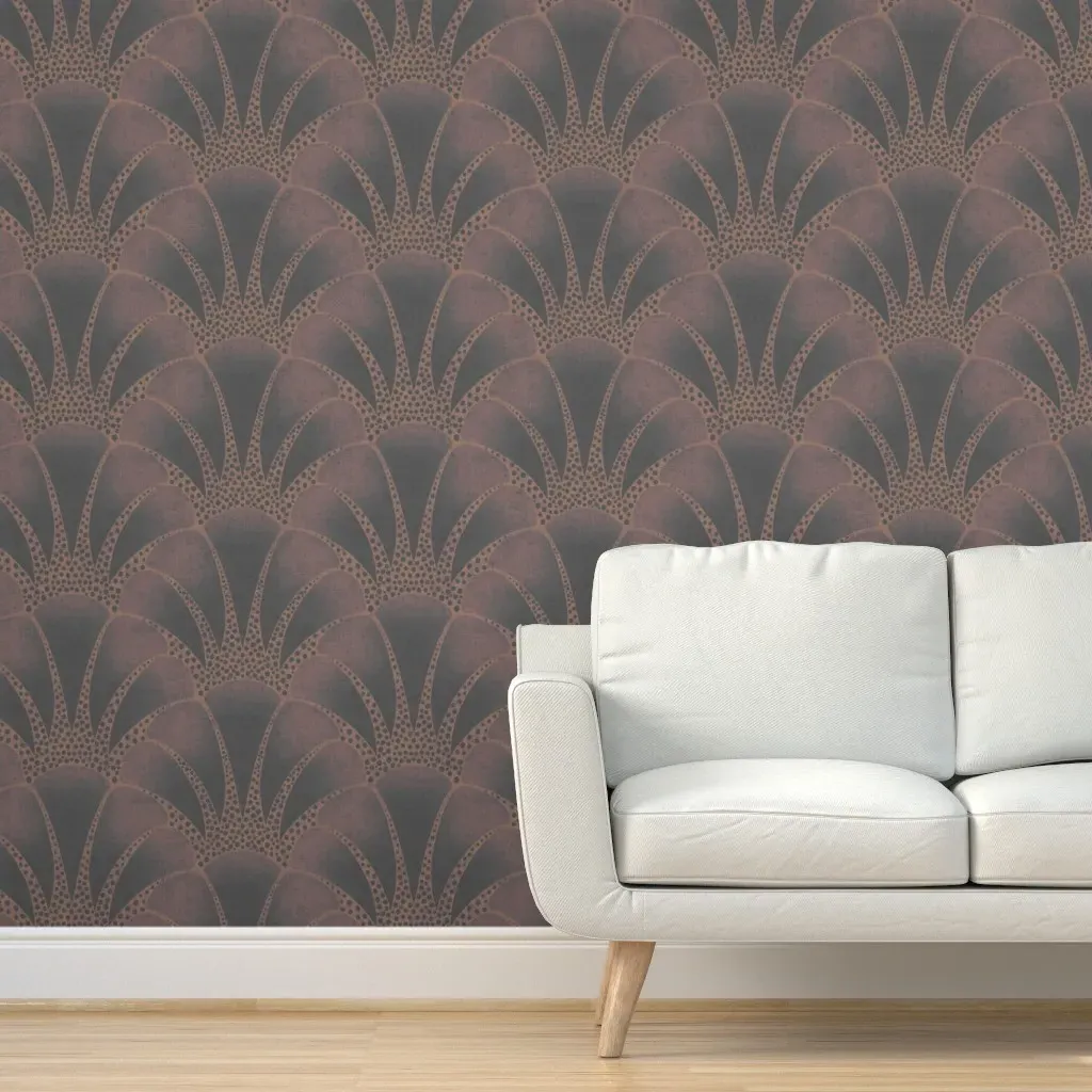 Plumage Art Deco Feather Fan Scallop Peel and Stick Wallpaper - Bronze Copper Plum & Black product